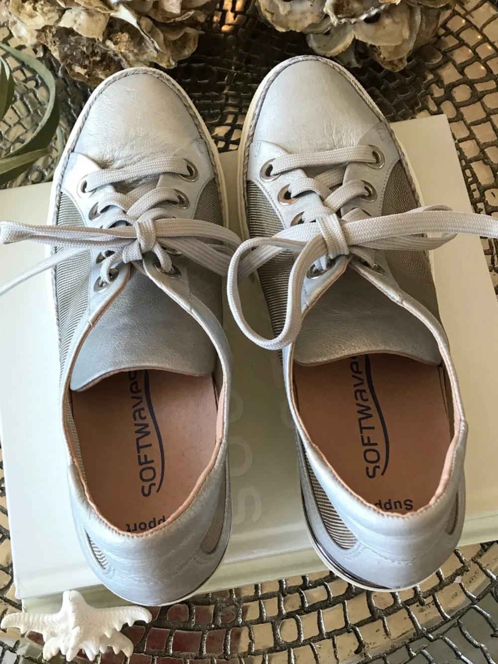 🆕 SOFTWAVES SILVER LEATHER MESH WEDGE PLATFORM SNEAKERS